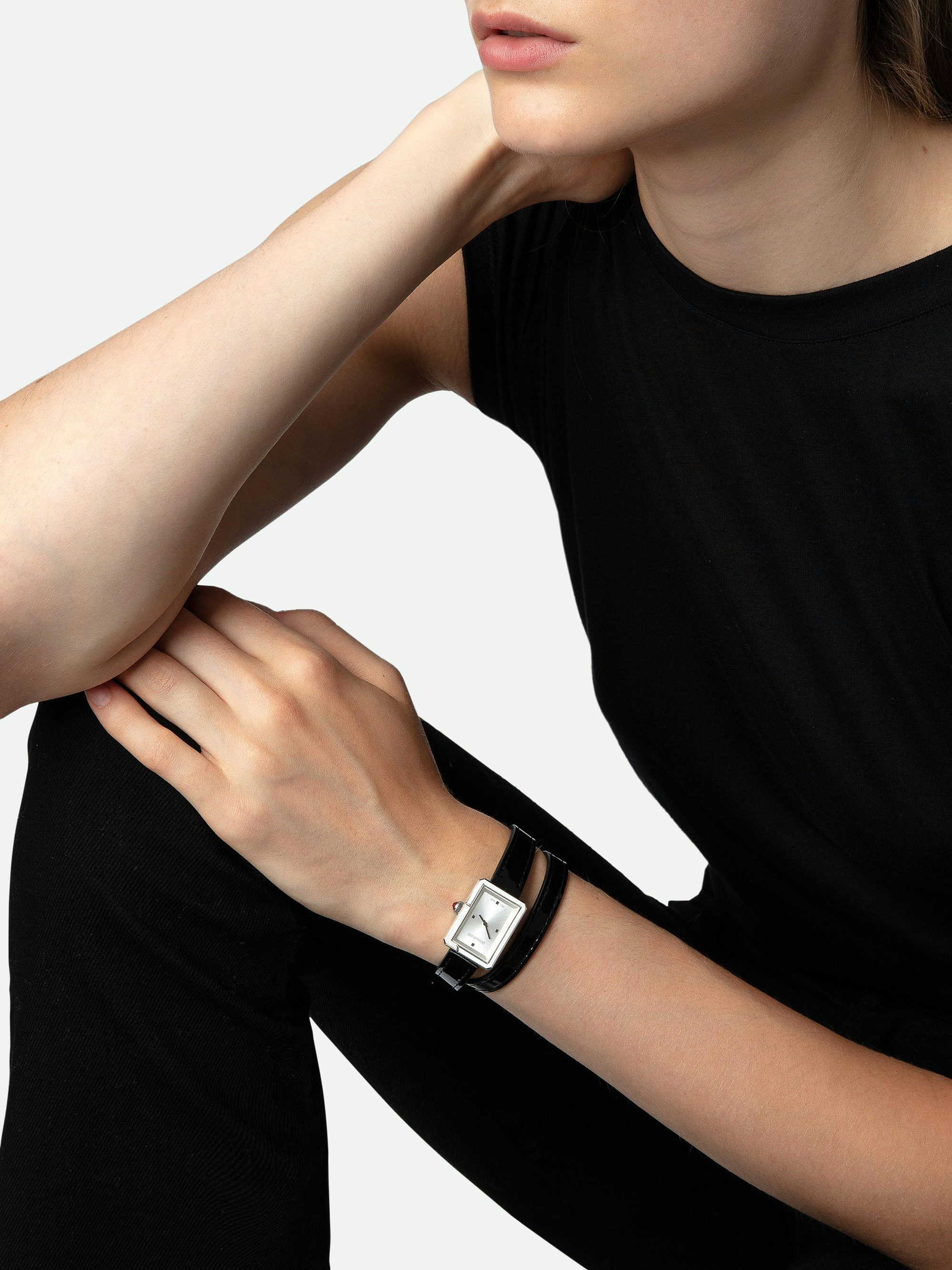 Cecilia Watch - Women’s rectangular dial silver-tone watch with double wrap leather strap.